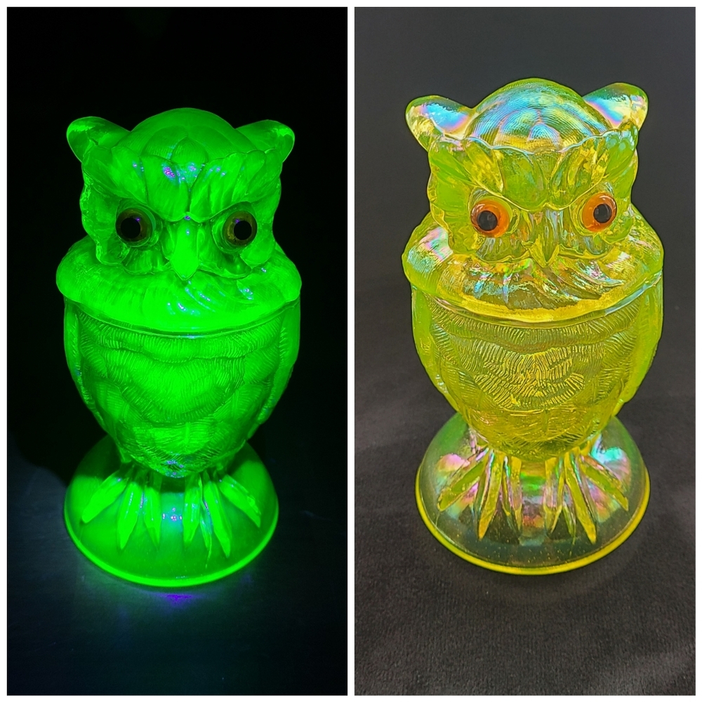 Uranium Vaseline Carnival Glass Owl Jar Vintage RARE/HTF